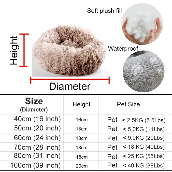 plush soft pet bed sizing chart