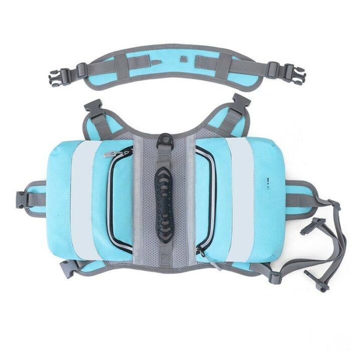 Blue and gray running waist pack with adjustable straps and front zipper pockets for essentials.