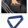 1618824893307.jpg Golden retriever sitting on the back seat of a car with a blue adjustable pet seat belt leash beside it, emphasizing travel safety for pets.