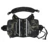 Camouflage waist bag with multiple zip pockets and a central handle, worn around the hips with adjustable straps for outdoor gear.