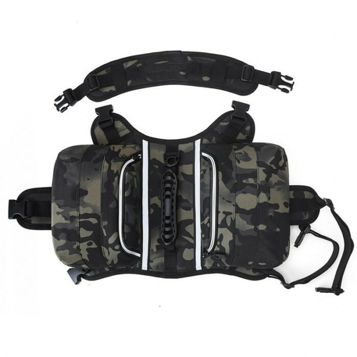Camouflage waist bag with multiple zip pockets and a central handle, worn around the hips with adjustable straps for outdoor gear.
