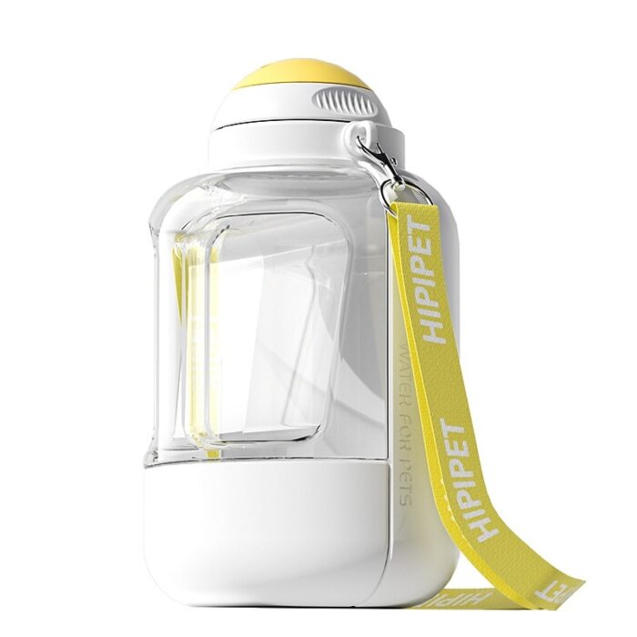 39121c31-35c2-4a11-9103-6d1b5926f431_trans.jpeg Transparent pet water bottle with yellow cap and white base, attached yellow strap.