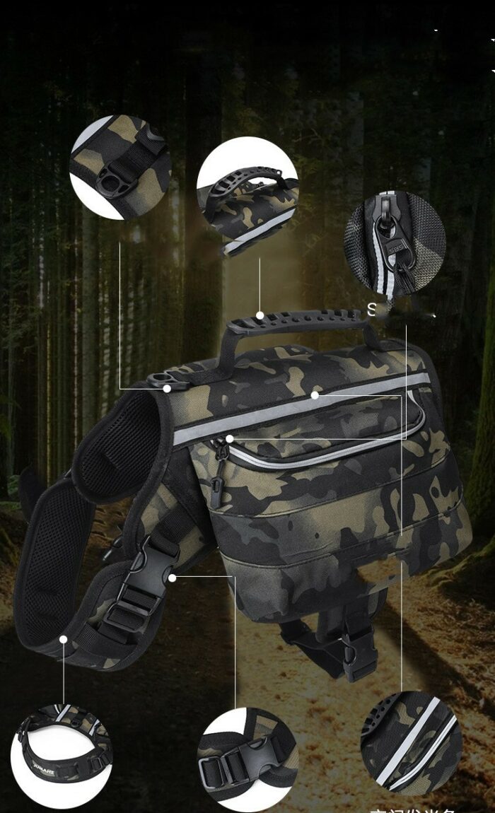 Camouflage tactical bag with multiple pockets and padded shoulder strap for outdoor use, shown in a forest setting.