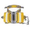 Personal flotation device (PFD) yellow life jacket with gray straps and reflective panels, laid flat for display.