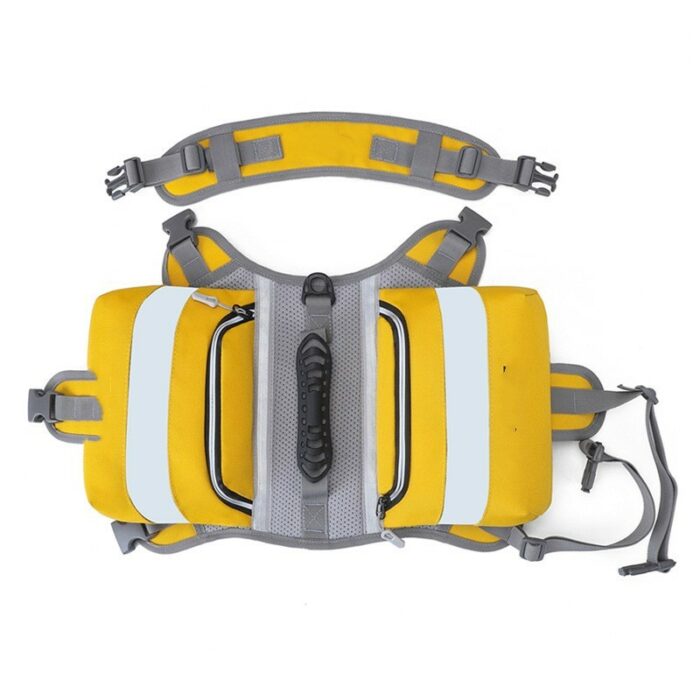 Personal flotation device (PFD) yellow life jacket with gray straps and reflective panels, laid flat for display.