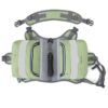 Green and gray waist bag with multiple compartments and adjustable straps, worn around the hips for hands-free storage.