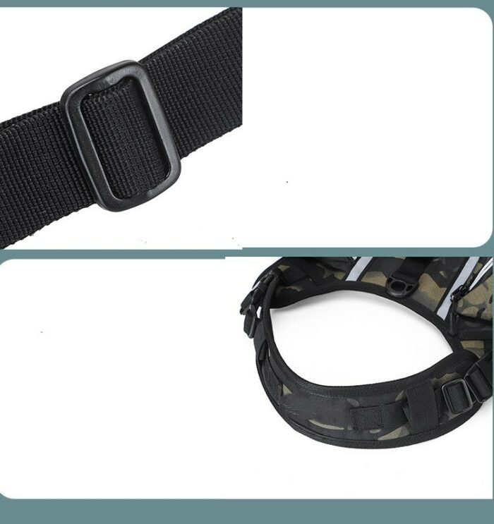 Close-up of a black adjustable nylon strap with a plastic buckle and part of a camouflage tactical harness.
