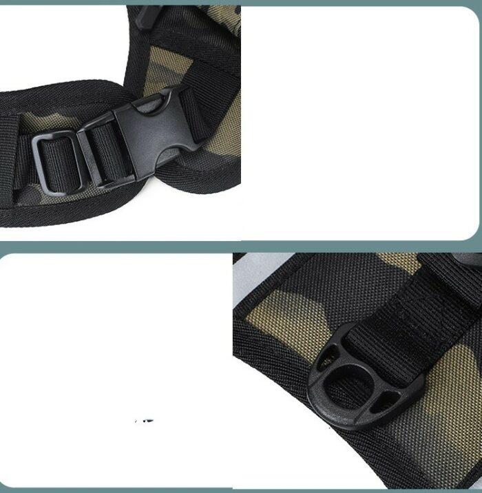 Close-up of black plastic buckles and camouflage strap on a tactical belt or harness.