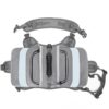 Hip belt bag with multiple zip pockets and gray straps, laid flat on white background, ideal for travel.