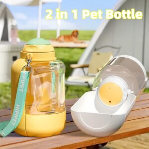Two-in-one pet bottle set on a wooden table: yellow bottle with green cap, teal strap, and a white feeding bowl outdoors with a dog in the background.