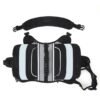 Black multi-pocket waist bag with padded back support, curved belt, and multiple zipper pockets for storage and organization.