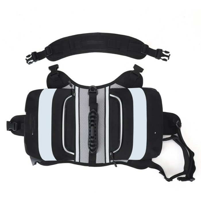 Black multi-pocket waist bag with padded back support, curved belt, and multiple zipper pockets for storage and organization.