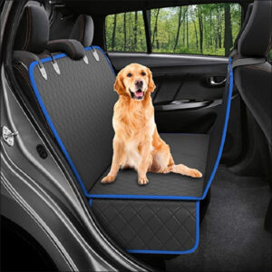 Golden retriever sitting on a black quilted car seat cover with blue trim in the back seat, protecting the seat from fur and dirt