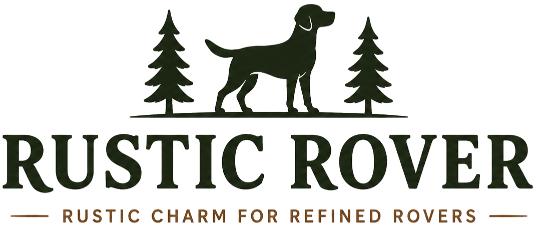 Rustic Rover logo: a dog silhouette between two evergreen trees above the text 'RUSTIC ROVER' with the tagline 'RUSTIC CHARM FOR REFINED ROVERS'